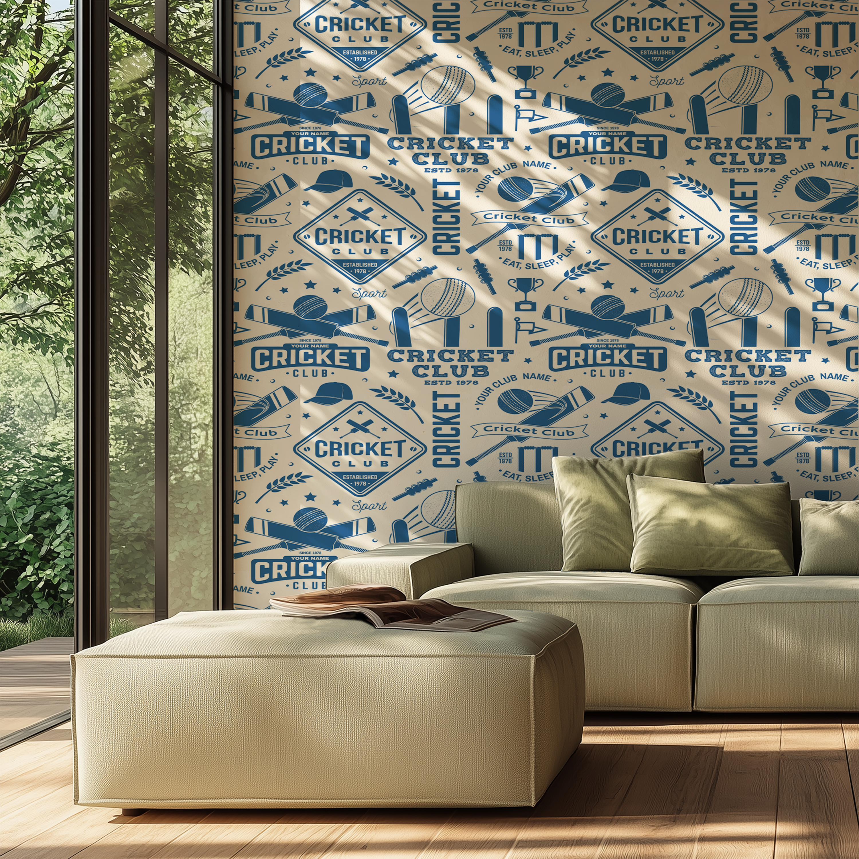 Cricket wallpaper with blue and cream pattern for sports inspired rooms
