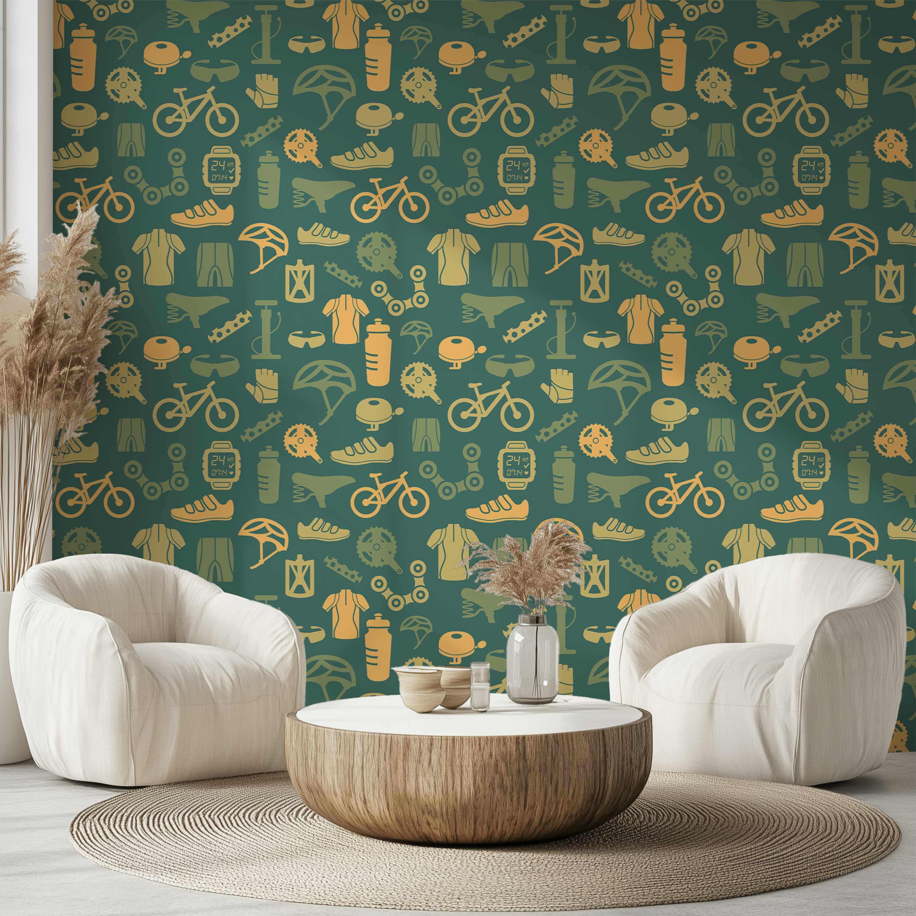 Cycling themed wallpaper with illustrated bicycle equipment on dark green