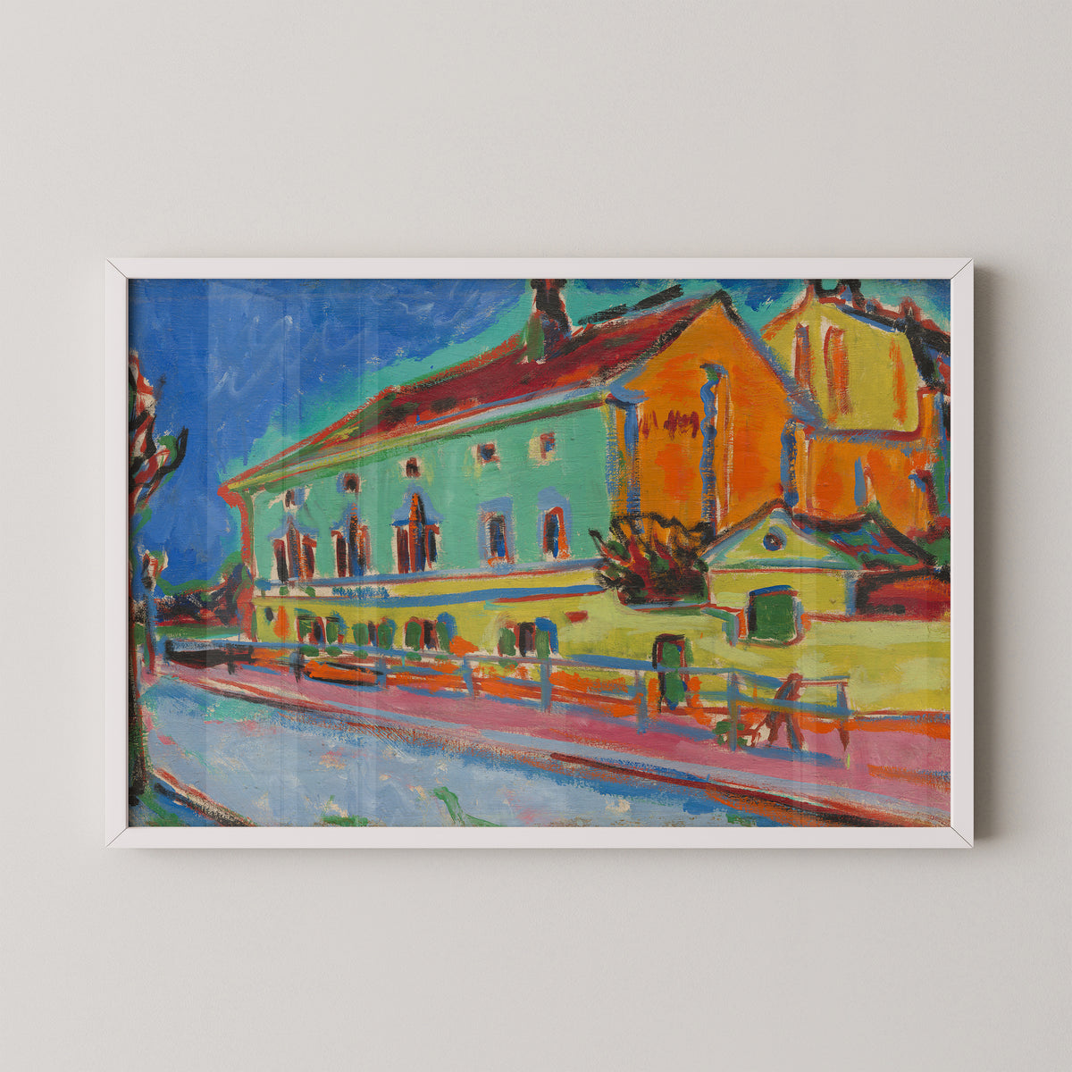 White-framed Dance Hall Bellevue by Ernst Ludwig Kirchner art print, featuring colorful waterfront building and boats