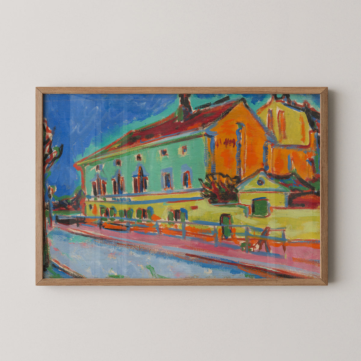 Natural wood-framed Dance Hall Bellevue by Ernst Ludwig Kirchner art print, showing colorful waterfront building and boats