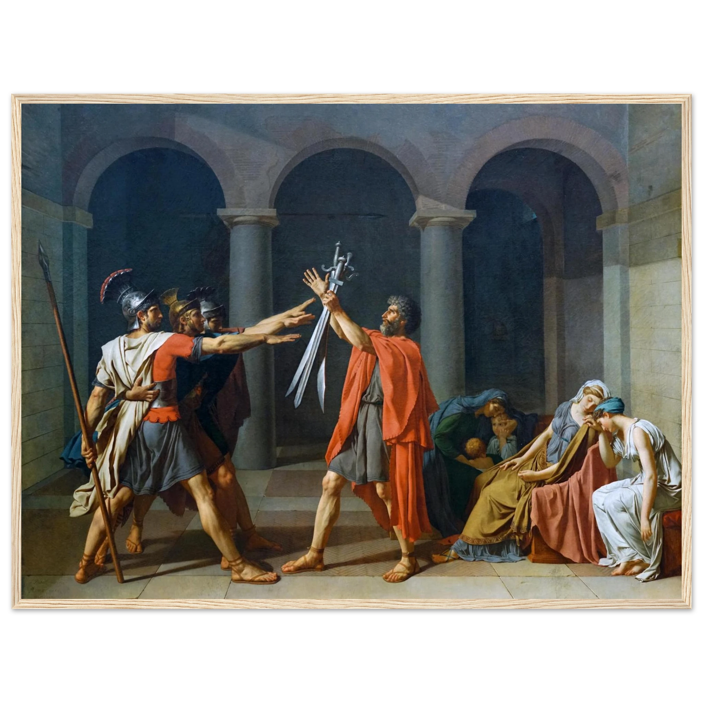Archival art print of Oath of the Horatii by David, highlighting dramatic lighting and classical composition in this historic masterpiece.