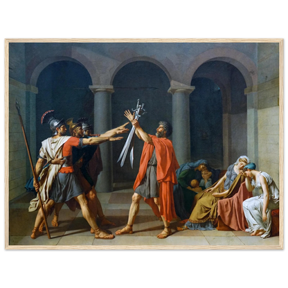 Archival art print of Oath of the Horatii by David, highlighting dramatic lighting and classical composition in this historic masterpiece.