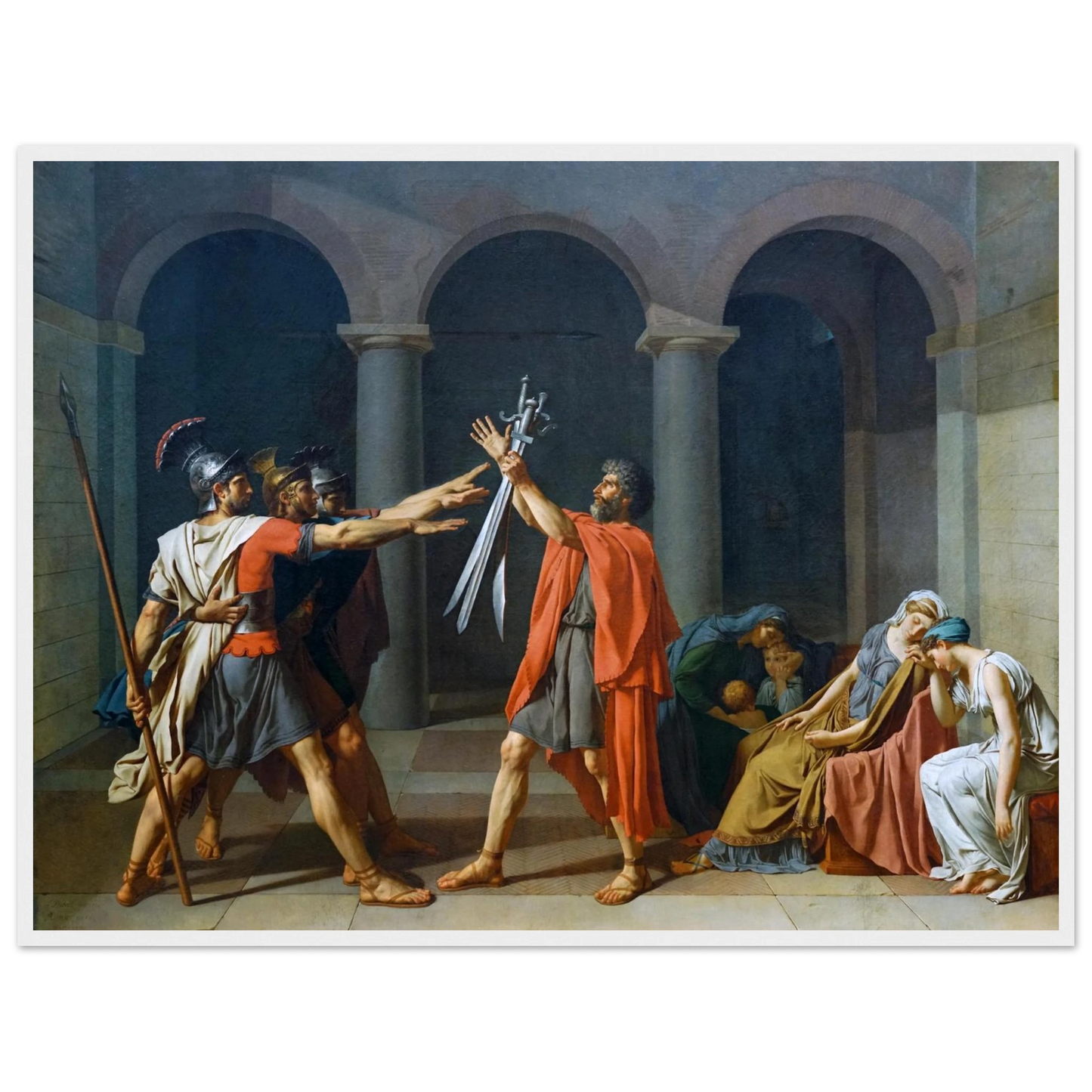 Museum-quality Neoclassical painting reproduction of Oath of the Horatii by Jacques-Louis David, a powerful symbol of civic virtue