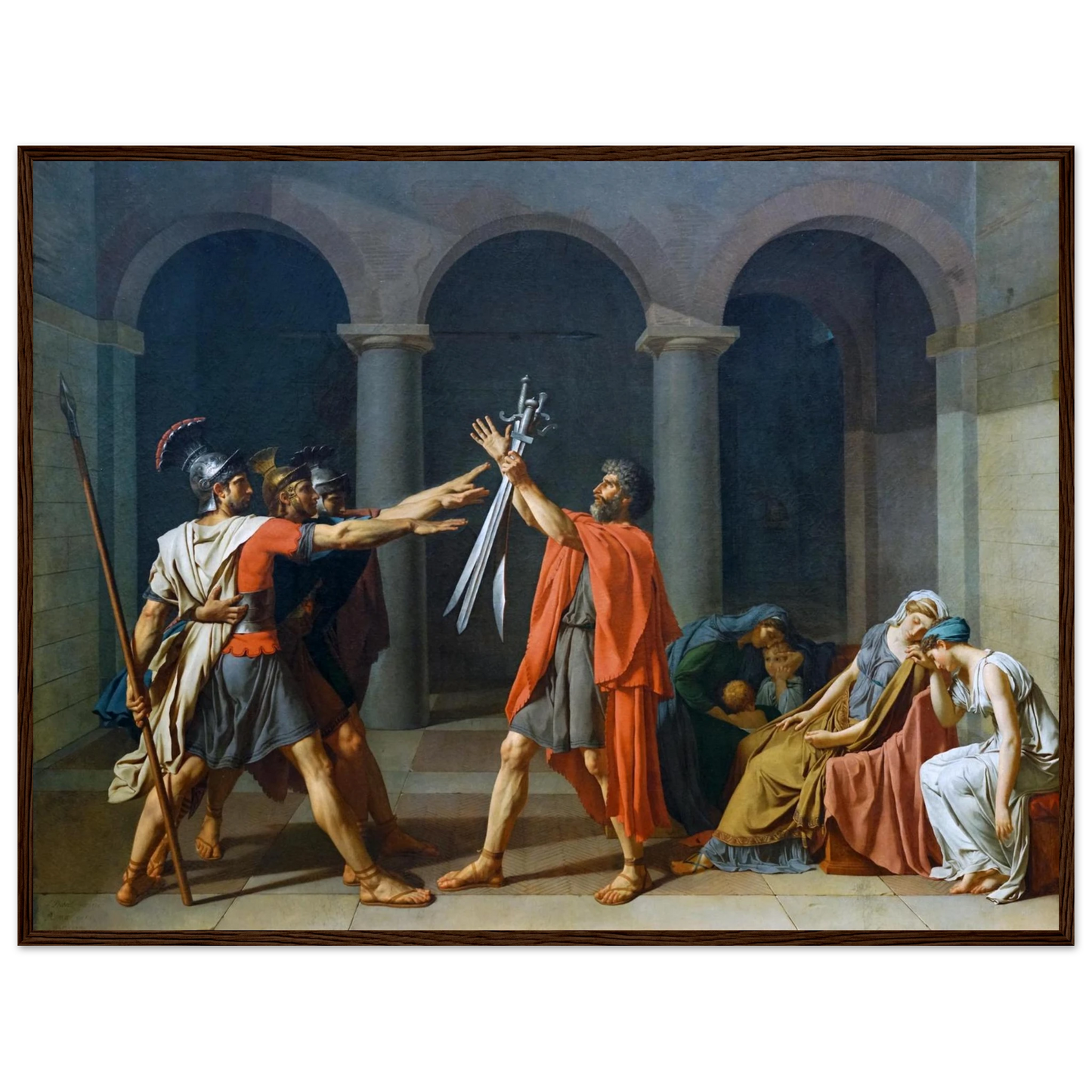 High-quality poster print of Jacques-Louis David’s Oath of the Horatii (1784), a masterpiece of Neoclassical art symbolizing duty and patriotism.