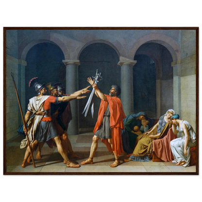 High-quality poster print of Jacques-Louis David’s Oath of the Horatii (1784), a masterpiece of Neoclassical art symbolizing duty and patriotism.