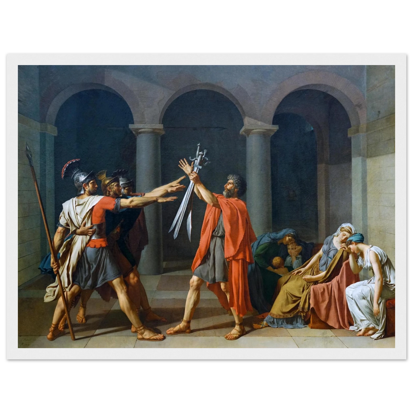 Oath of the Horatii by Jacques-Louis David, offered as a reproduction print capturing the emotional intensity of Roman loyalty and sacrifice.