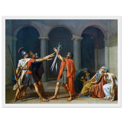 Oath of the Horatii by Jacques-Louis David, offered as a reproduction print capturing the emotional intensity of Roman loyalty and sacrifice.