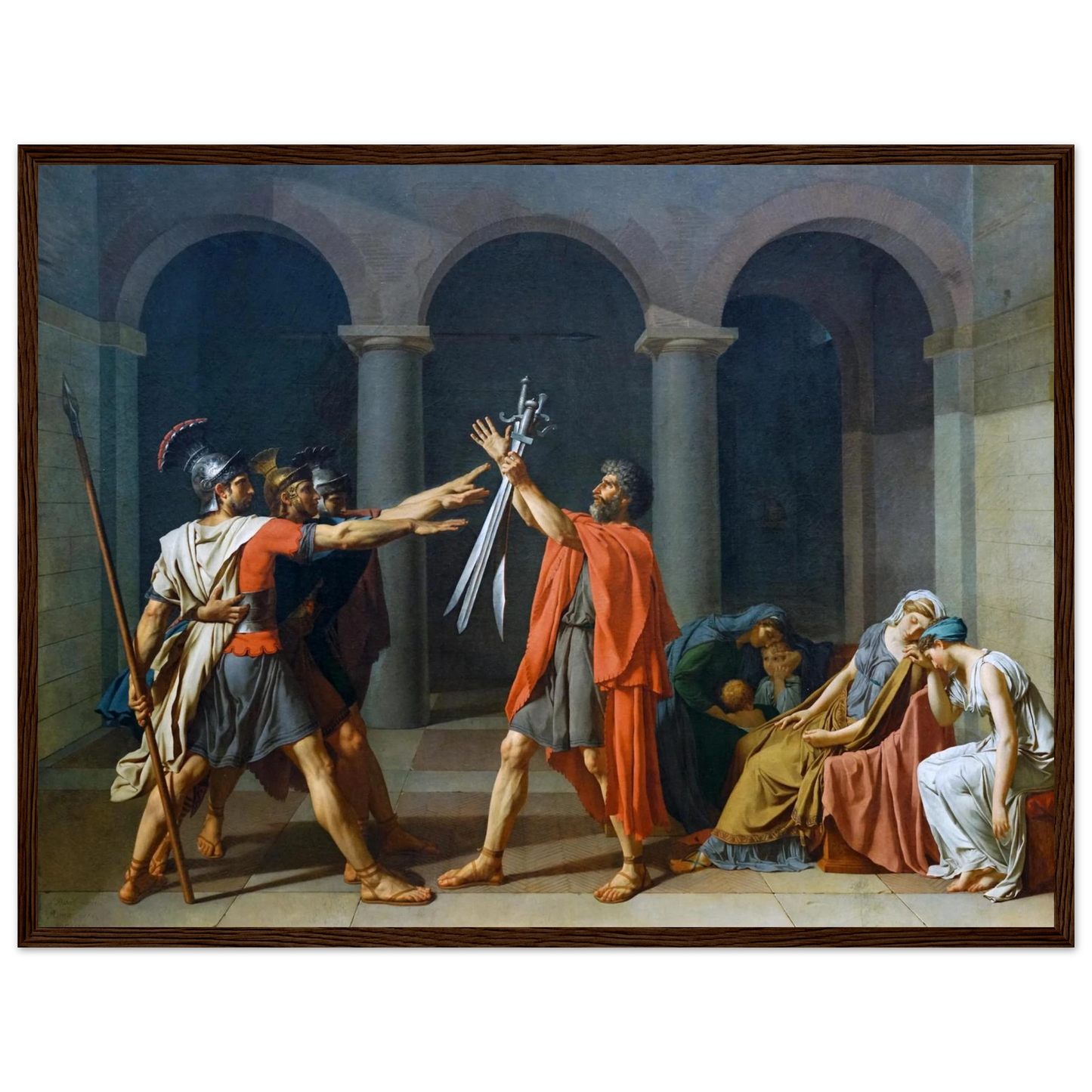 Oath of the Horatii wall art reproduction by Jacques-Louis David, depicting three brothers swearing loyalty to Rome before their father.