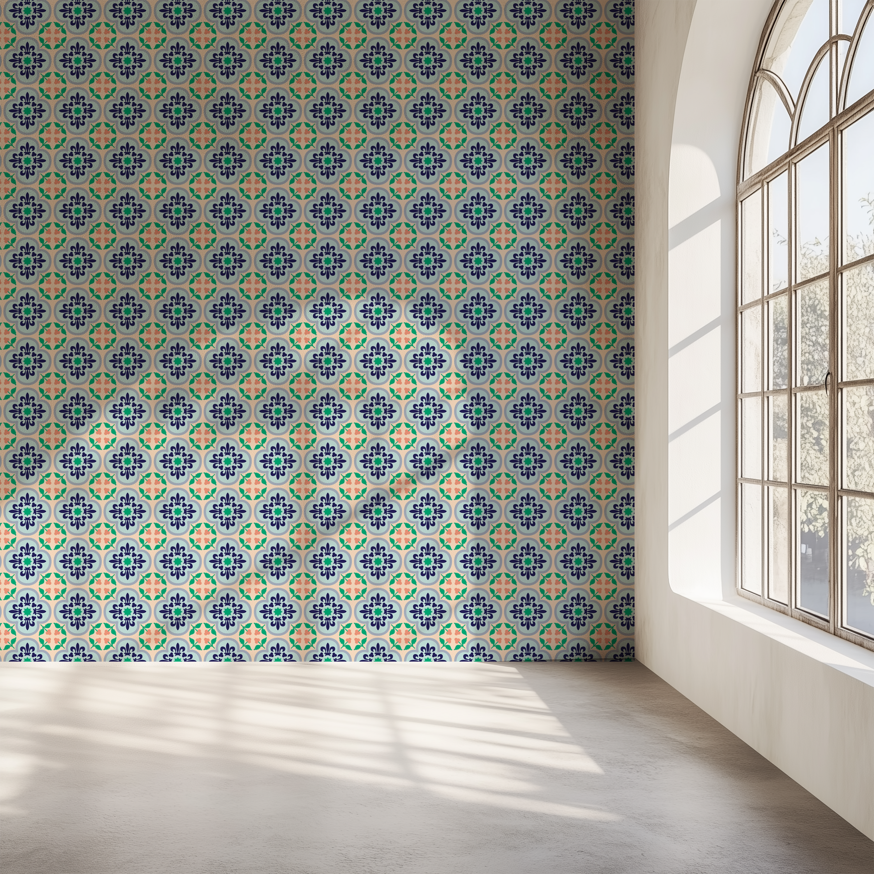 Blue and green Portuguese wallpaper, azulejo wallpaper, ceramic tile wallpaper, Mediterranean wallpaper, premium patterned wallpaper