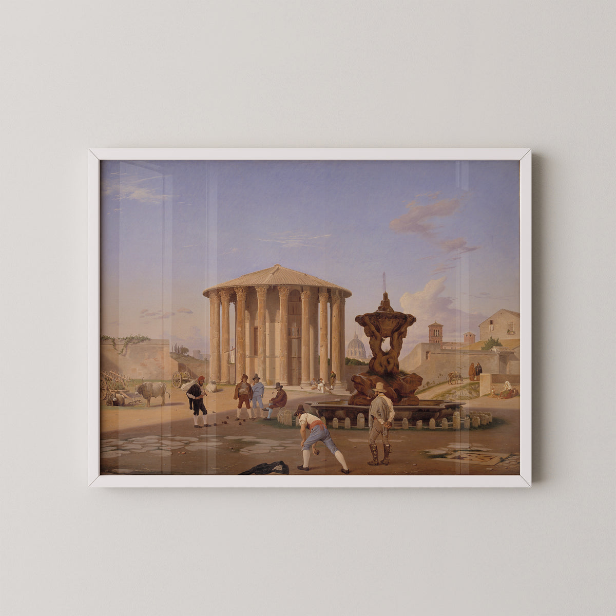 White-framed print of the so-called Temple of Vesta in Rome, an architectural scene by Constantin Hansen
