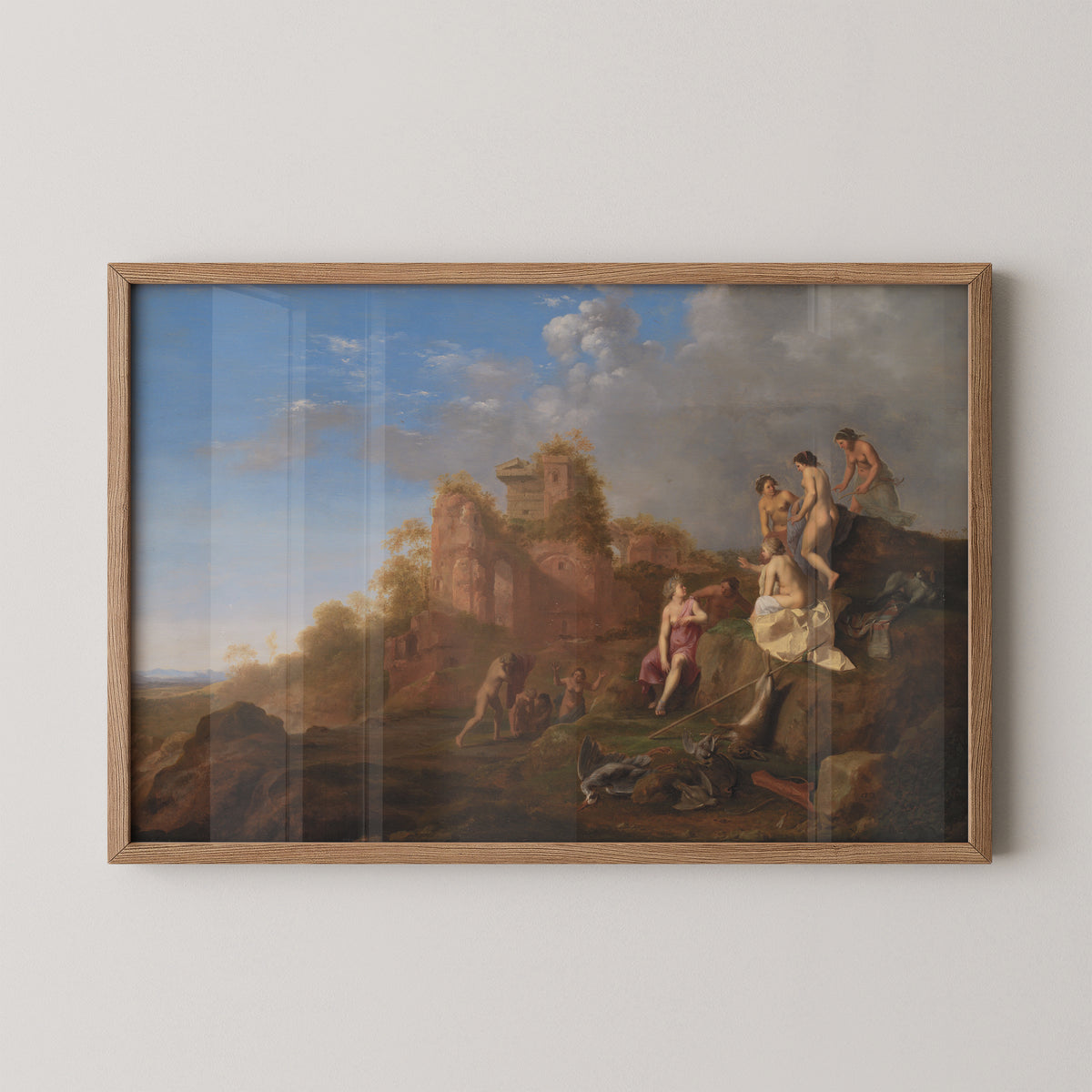 Natural wood-framed Cornelis van Poelenburch reproduction of Diana og hendes nymfer