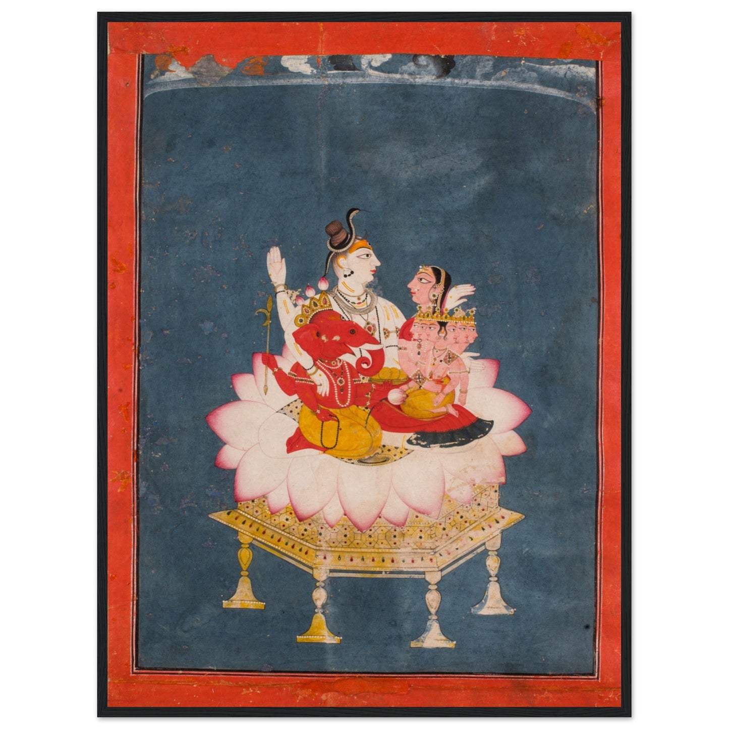 Divine Hindu poster print of Shiva, Parvati, Ganesha, and Karttikeya — perfect for temples, homes, or meditation spaces.