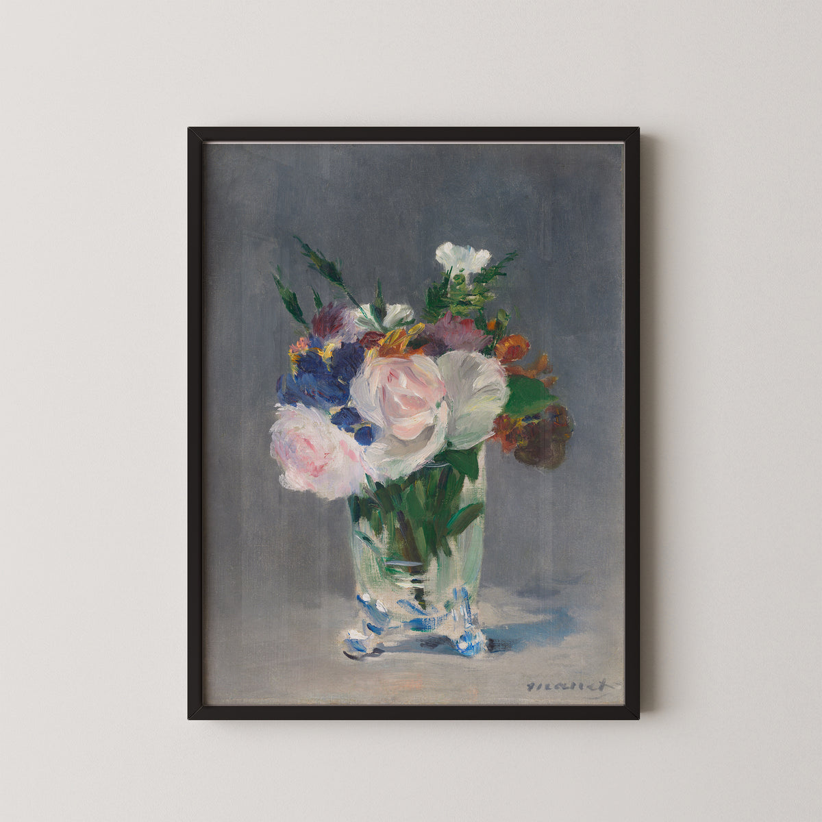 Flowers in a Crystal Vase by Edouard Manet, pink blooms and clear vase, black frame