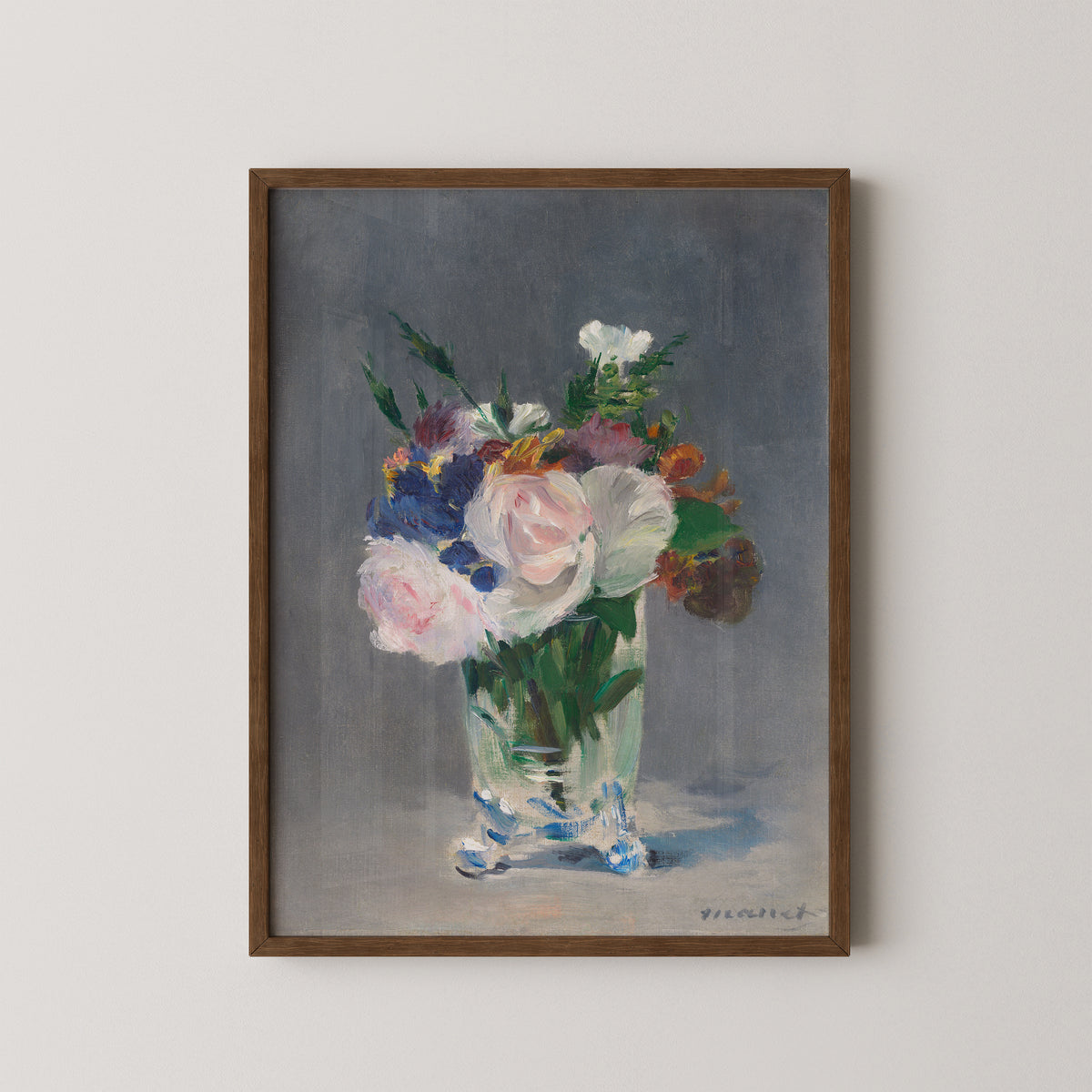 Flowers in a Crystal Vase by Edouard Manet, colorful bouquet with green leaves, dark wood frame