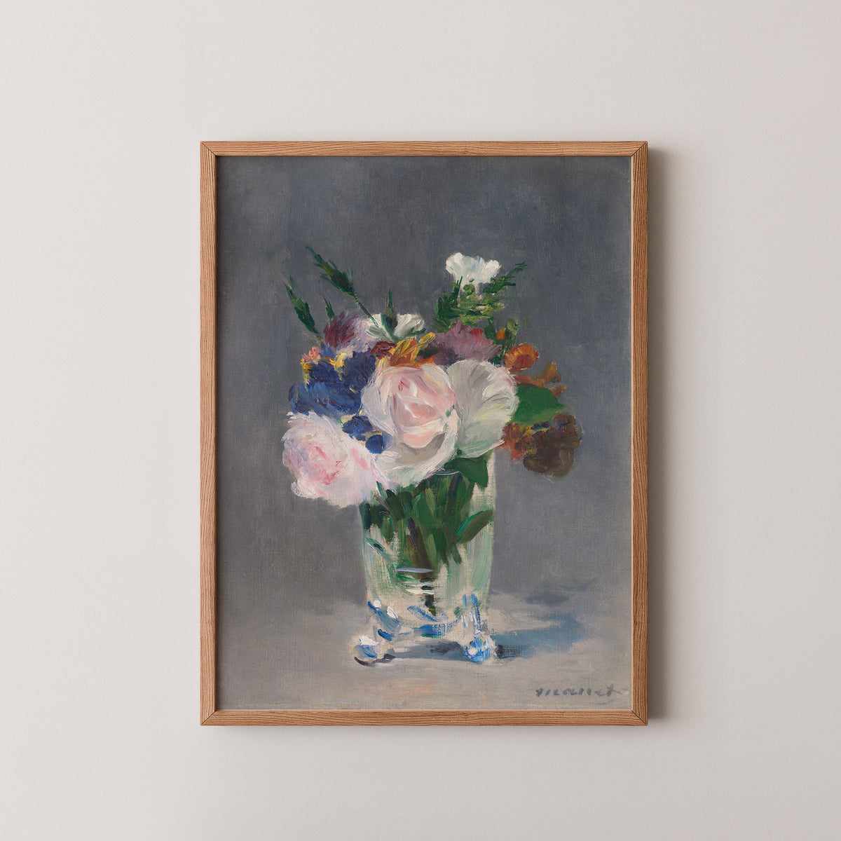 Flowers in a Crystal Vase by Edouard Manet, blue and white flowers, natural wood frame