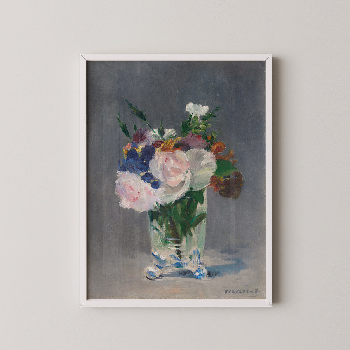 Flowers in a Crystal Vase by Edouard Manet, reflective vase and pale petals, white frame