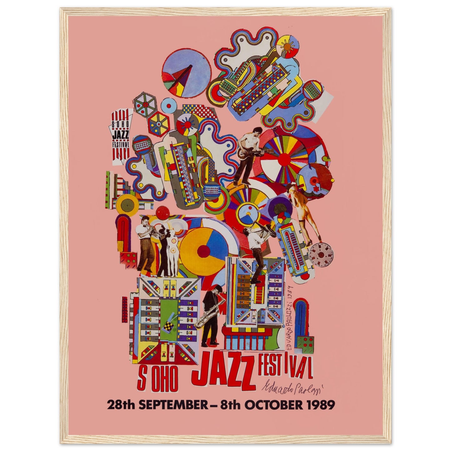 Eduardo Paolozzi Soho Jazz Festival 1989 print featuring iconic collage-style design and musical motifs. Perfect retro art print for collectors of British pop art and jazz memorabilia.