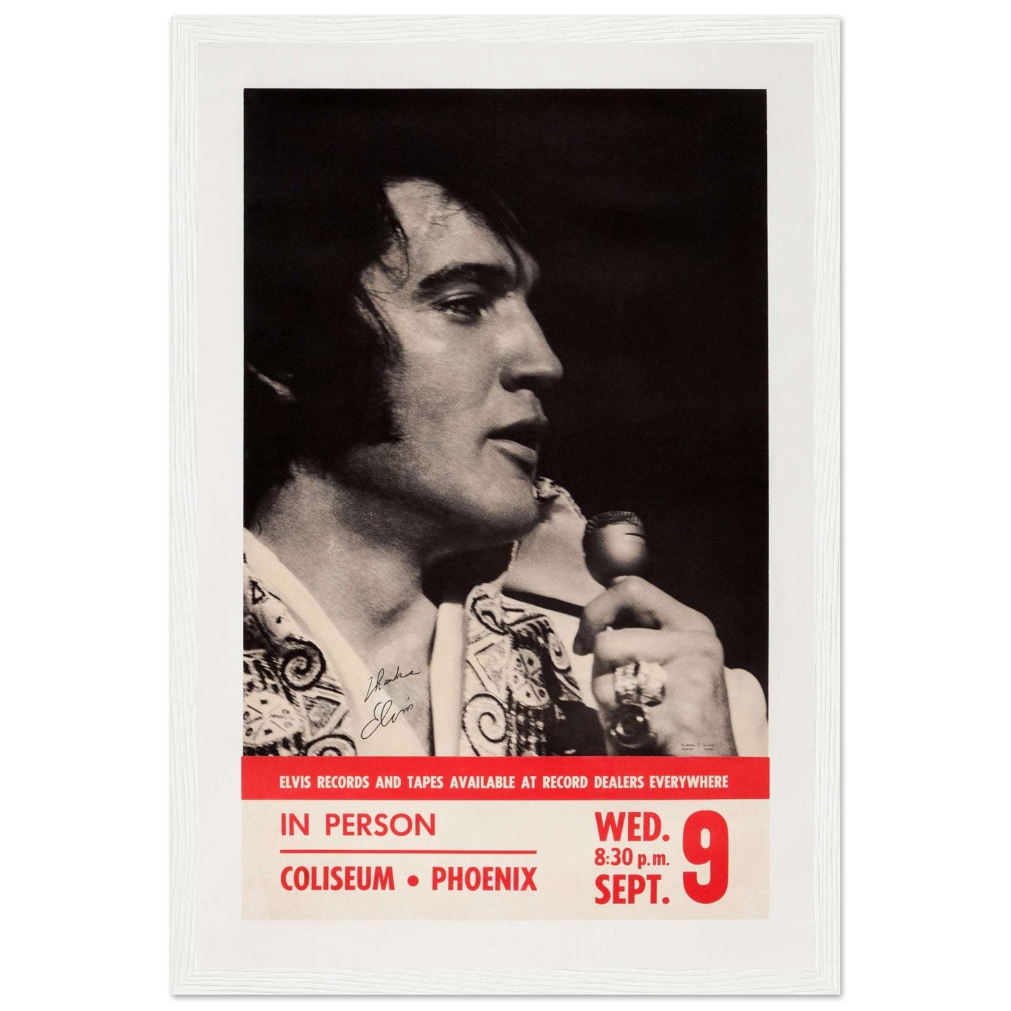 Retro music poster of Elvis Presley singing on stage with microphone