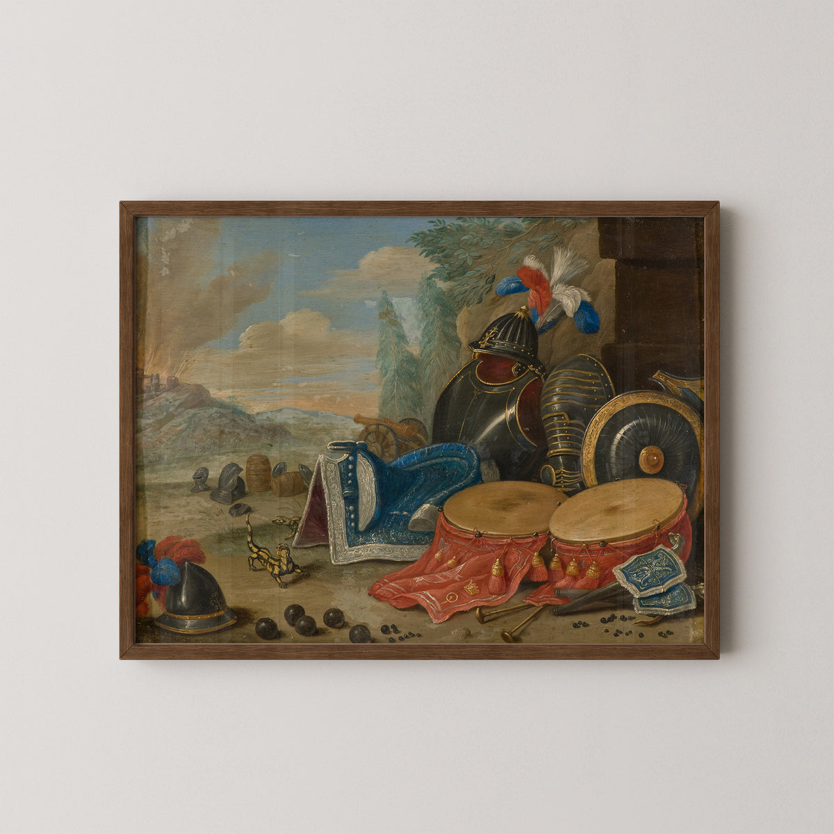 Emblems of War by Jan van Kessel the Elder, art print in a dark wood frame