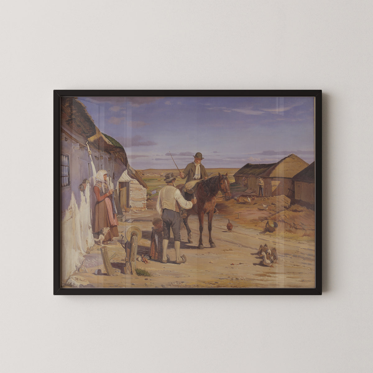 A Stranger Asking Directions at a Farm by Hans Smidth, rural art print displayed in a black frame