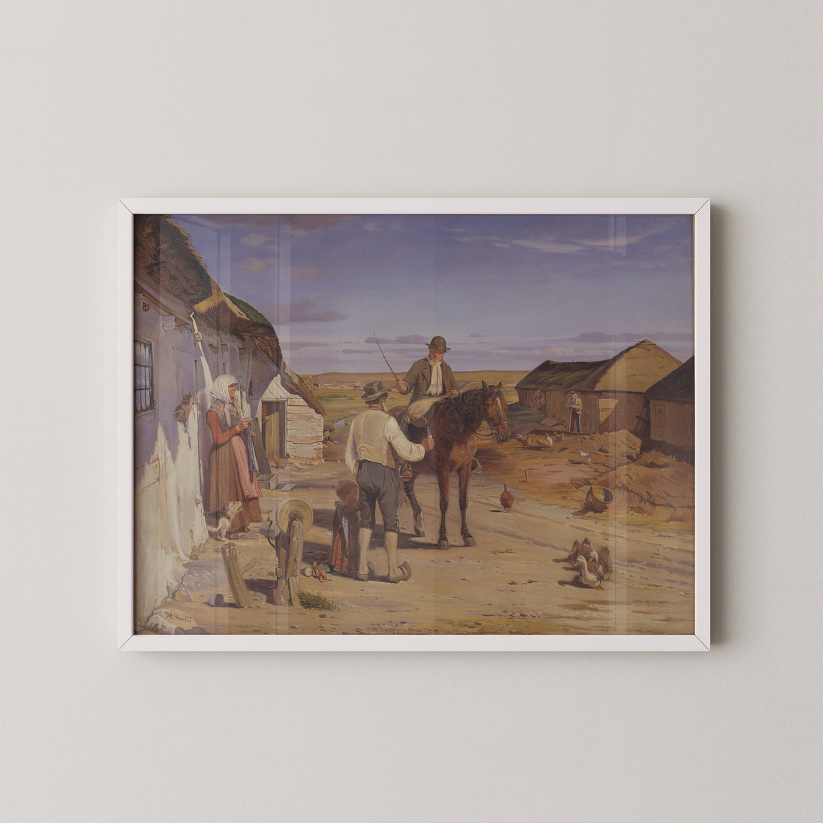 White-framed A Stranger Asking Directions at a Farm print by Danish artist Hans Smidth