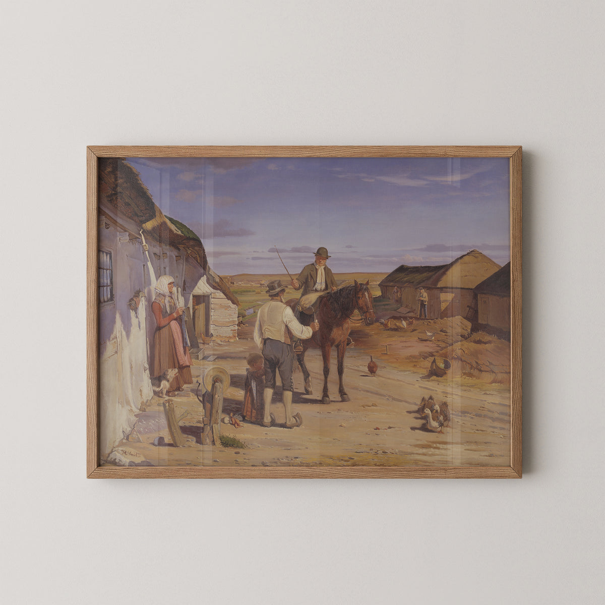 Natural wood-framed Hans Smidth print of a stranger asking directions at a farm on the heath