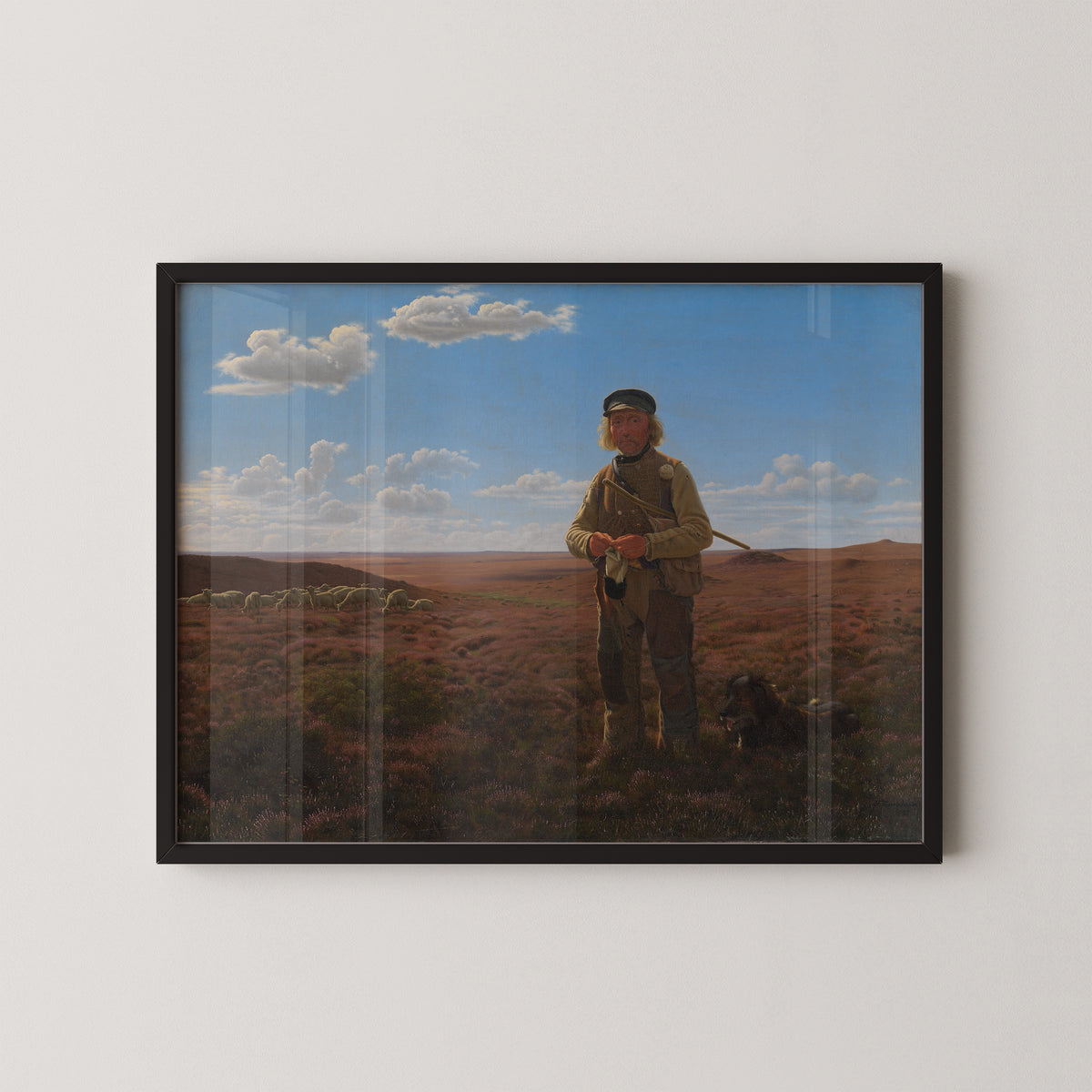 A Jutland Shepherd on the Heath by Frederik Vermehren, pastoral art print in a black frame