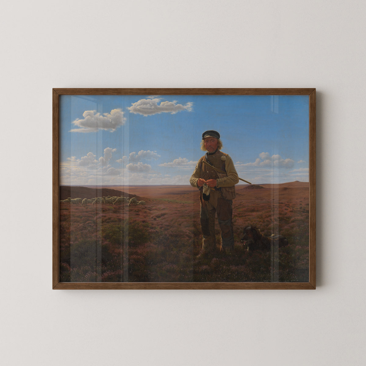 Vermehren's En jysk fårehyrde på heden art print shown in a dark wood frame