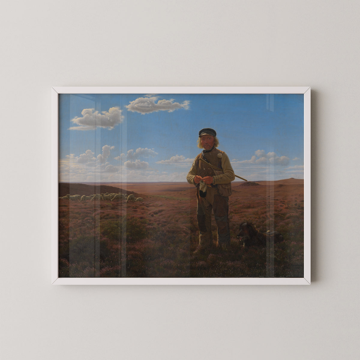 White-framed A Jutland Shepherd on the Heath print by Frederik Vermehren, a Danish rural scene