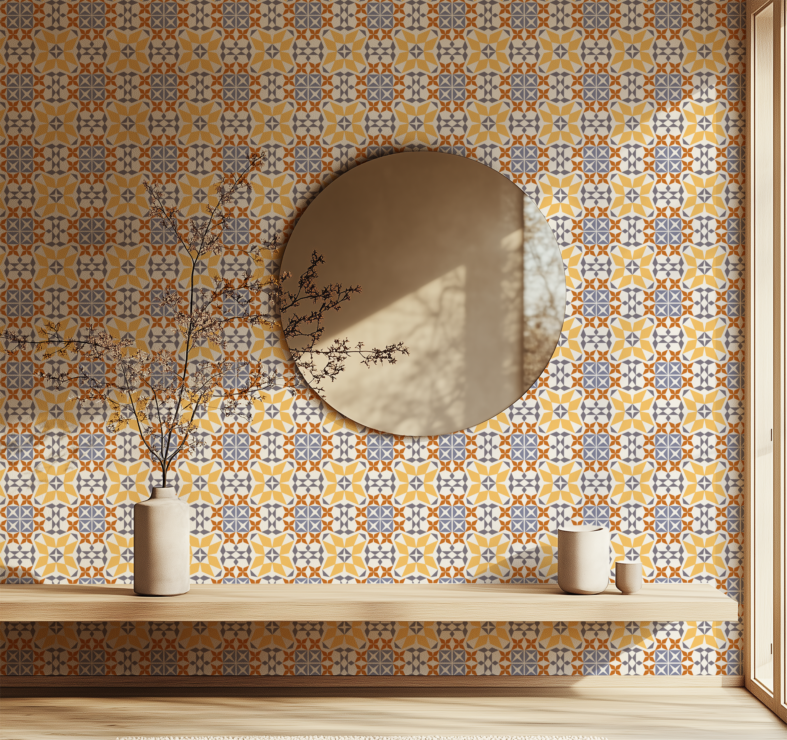Encaustic tile wallpaper, Spanish tile wallpaper, Moorish wallpaper, ornamental geometric wallpaper, non woven wallpaper, luxury wall mural
