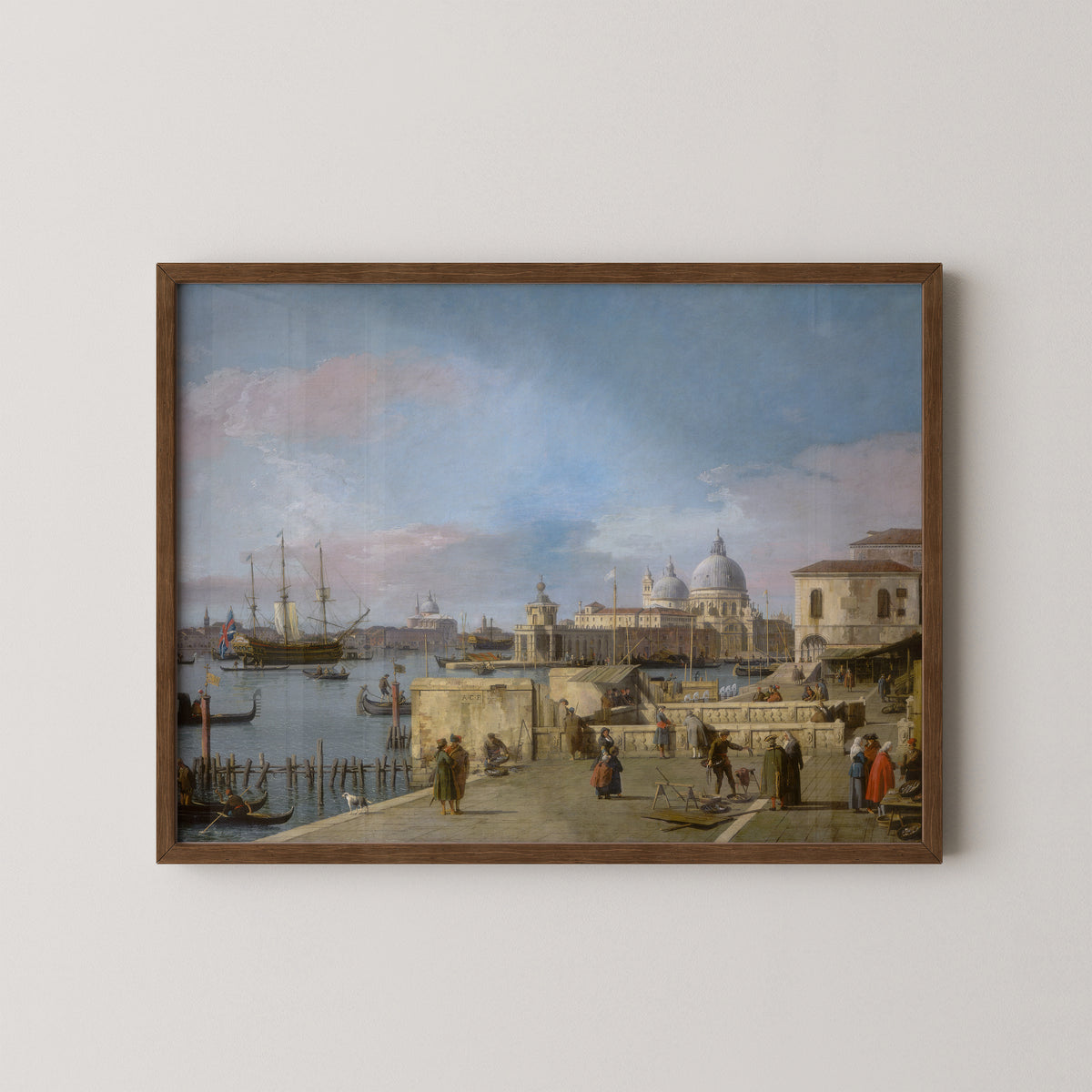 Entrance to the Grand Canal from the Molo, Venice by Canaletto, art print in a dark wood frame