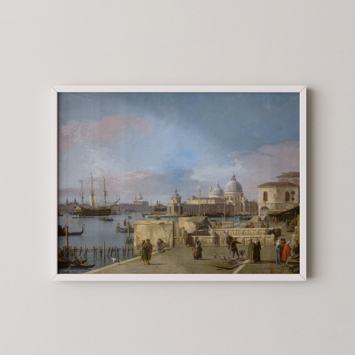 Entrance to the Grand Canal from the Molo, Venice by Canaletto, art print in a white frame