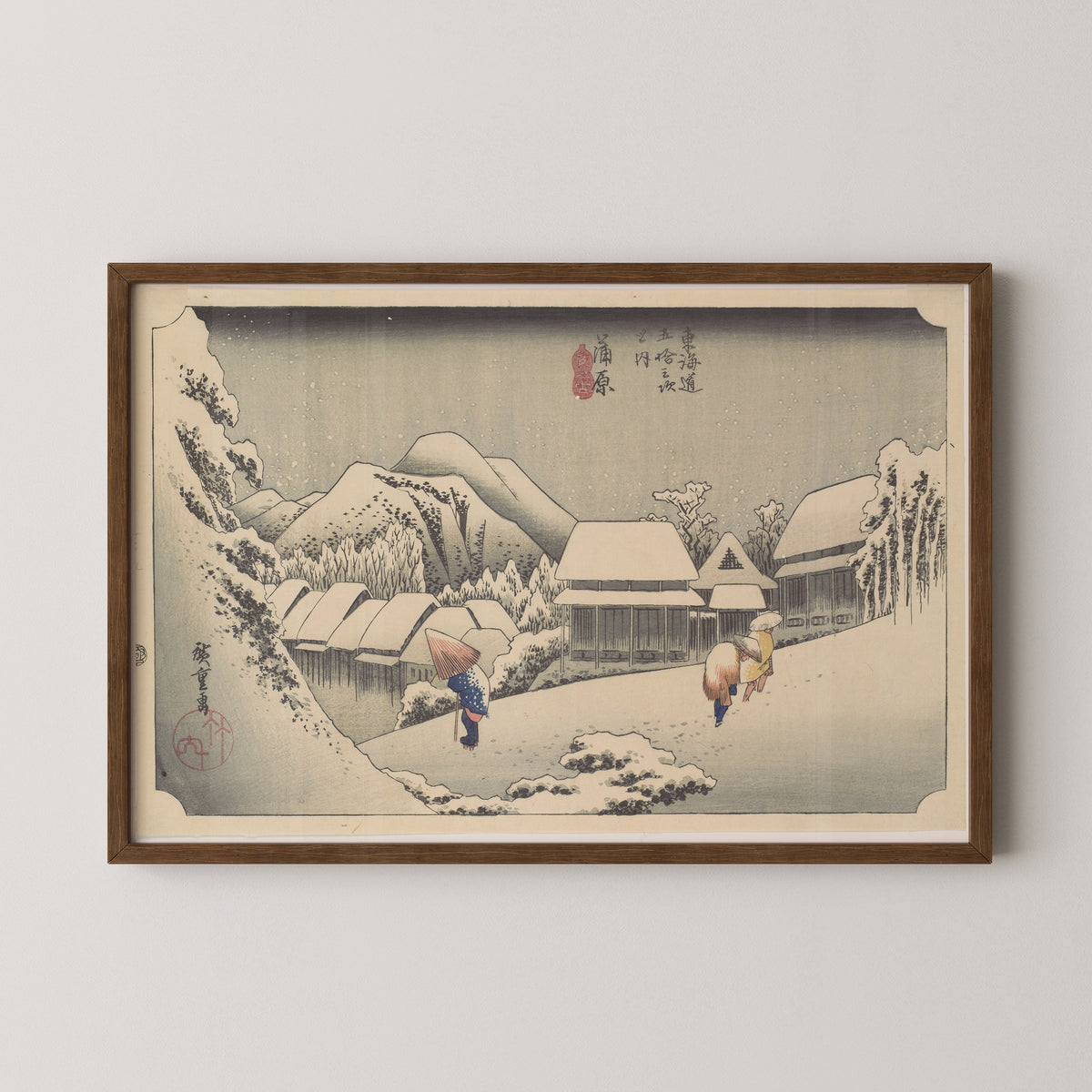 Evening Snow at Kanbara, from the series "Fifty-three Stations of the Tōkaidō" by Utagawa Hiroshige, art print in a dark wood frame