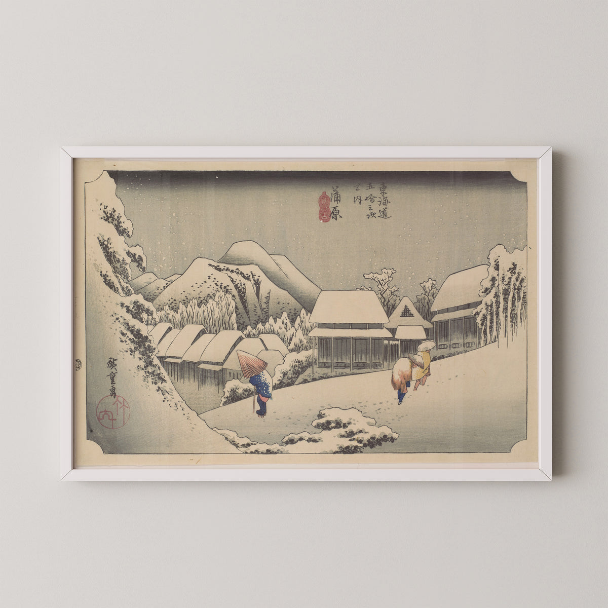 Evening Snow at Kanbara, from the series "Fifty-three Stations of the Tōkaidō" by Utagawa Hiroshige, art print in a white frame