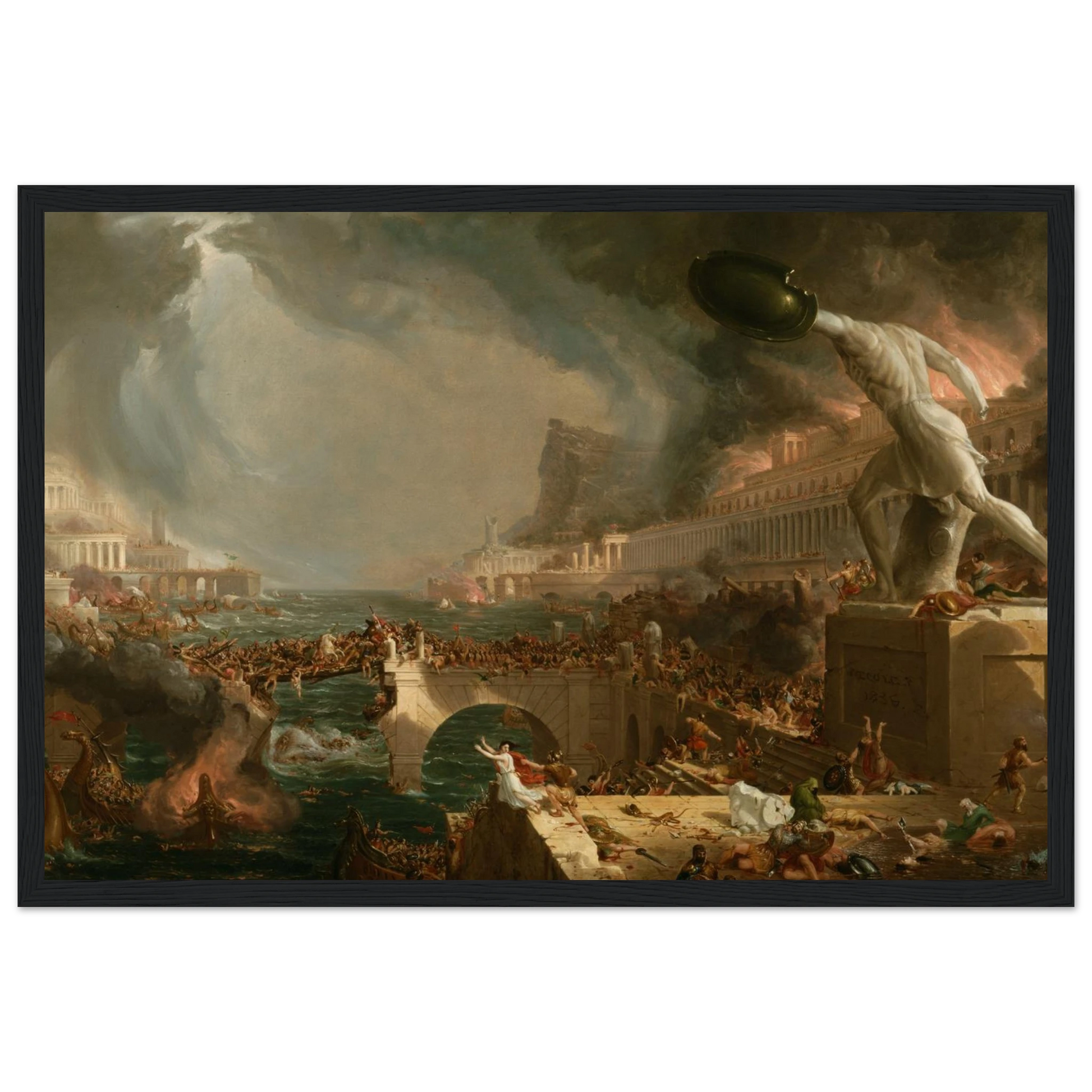 This high-quality reproduction print of The Course of Empire: Destruction (1836) by Thomas Cole depicts the violent fall of an empire, inspired by the grandeur and decline of civilizations like ancient Rome. The scene shows a city in flames, overwhelmed by chaos, symbolizing the collapse of imperial power and the consequences of unchecked ambition. Part of Cole’s iconic Course of Empire series, this dramatic image is printed on archival-grade paper using museum-quality giclée printing. Perfect as fall of em