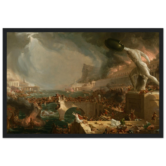 This high-quality reproduction print of The Course of Empire: Destruction (1836) by Thomas Cole depicts the violent fall of an empire, inspired by the grandeur and decline of civilizations like ancient Rome. The scene shows a city in flames, overwhelmed by chaos, symbolizing the collapse of imperial power and the consequences of unchecked ambition. Part of Cole’s iconic Course of Empire series, this dramatic image is printed on archival-grade paper using museum-quality giclée printing. Perfect as fall of em