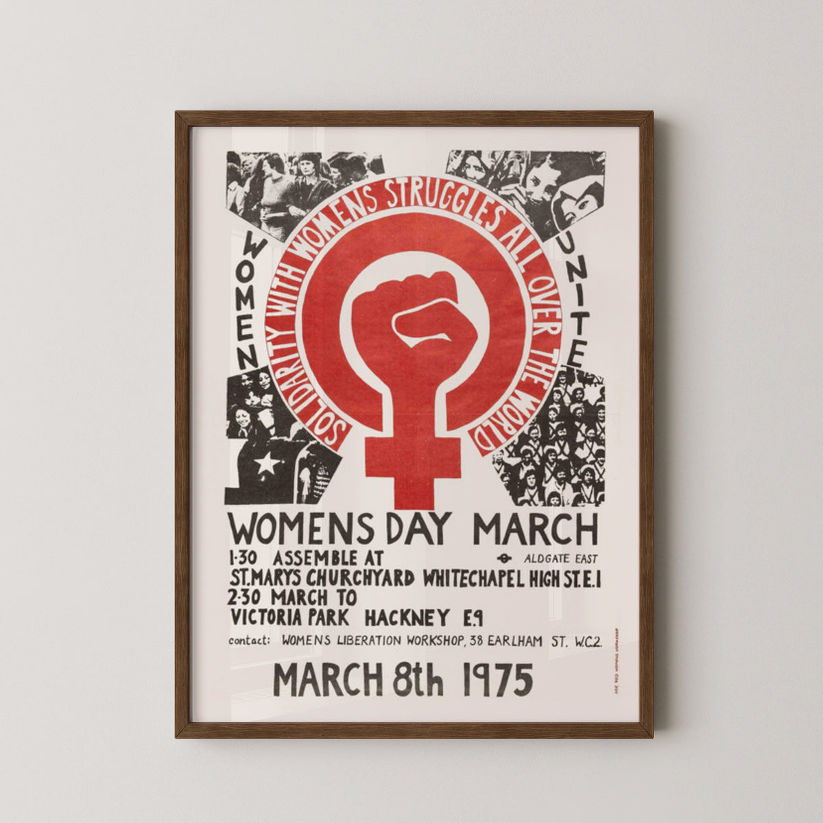 feminist vintage poster 1975 womens art wall art – darkwood frame mockup