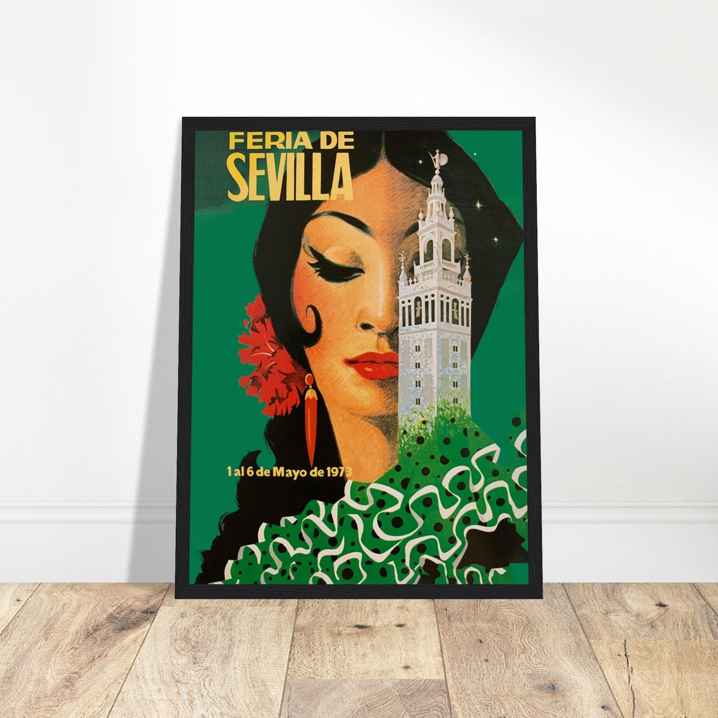 Vintage Feria de Sevilla 1973 poster featuring flamenco woman and Giralda tower