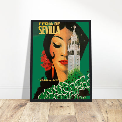 Vintage Feria de Sevilla 1973 poster featuring flamenco woman and Giralda tower