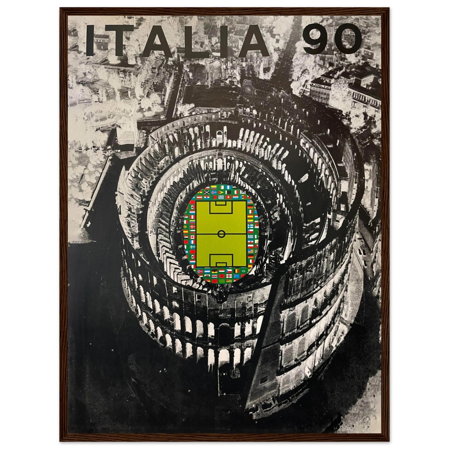 Vintage Italy 1990 FIFA World Cup poster featuring football artwork, the Roman Colosseum, and classic Italian sports design — perfect wall art for soccer fans and collectors.