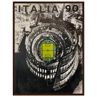 Vintage Italy 1990 FIFA World Cup poster featuring football artwork, the Roman Colosseum, and classic Italian sports design — perfect wall art for soccer fans and collectors.