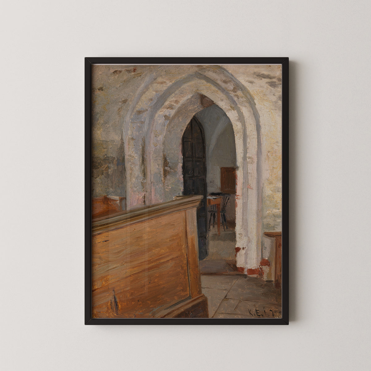 Finström Church Interior by Karl Emanuel Jansson, art print in a black frame
