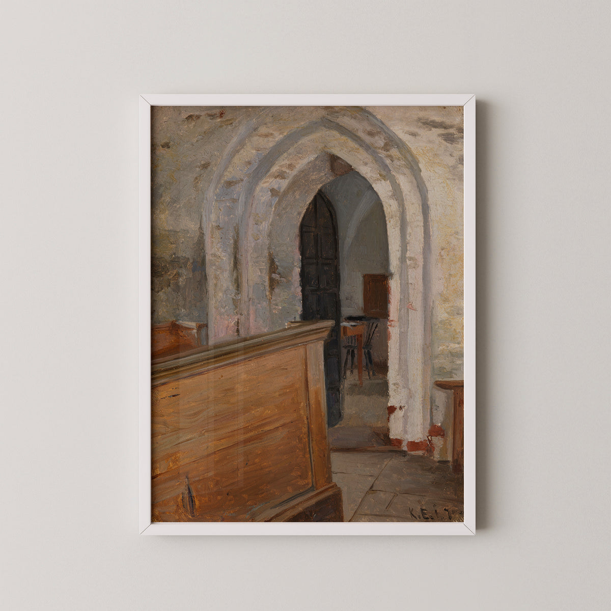 Finström Church Interior by Karl Emanuel Jansson, art print in a white frame