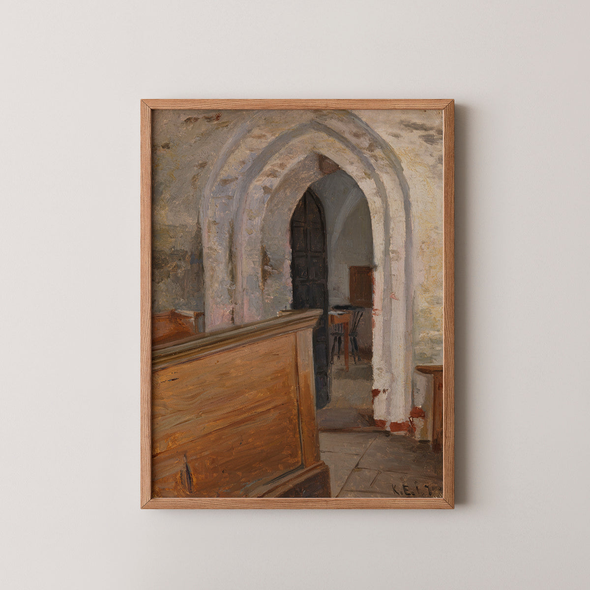 Finström Church Interior by Karl Emanuel Jansson, art print in a natural wood frame