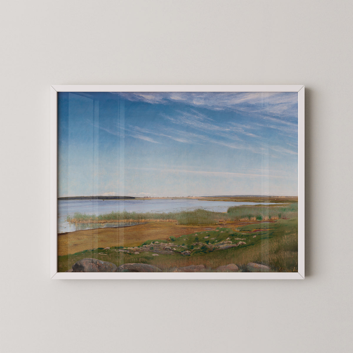 White-framed Karrebæksminde fjord landscape print by Danish artist L. A. Ring