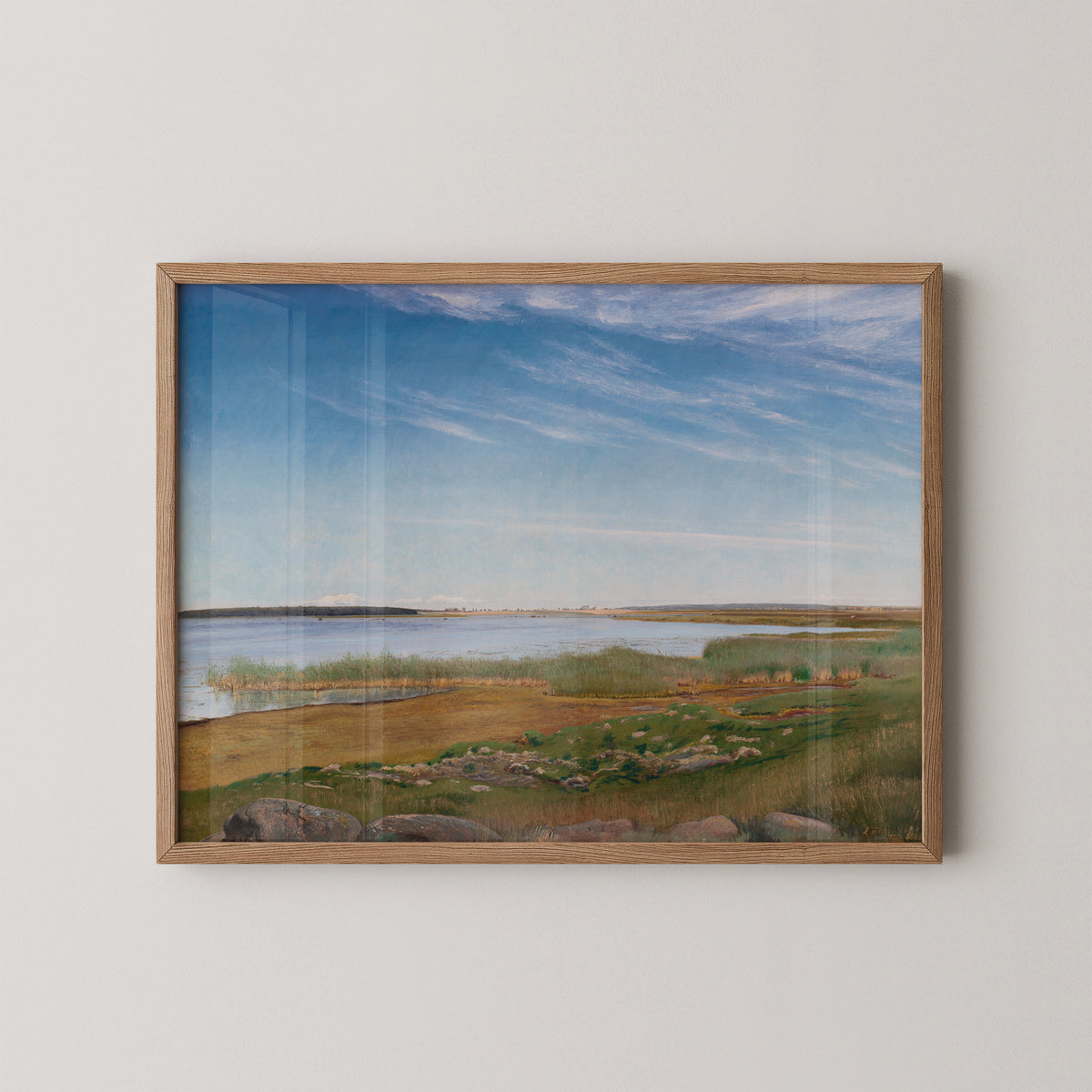 Natural wood-framed L. A. Ring reproduction of the fjord at Karrebæksminde