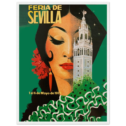 Colorful Spanish vintage poster of Seville festival with dancer and iconic tower