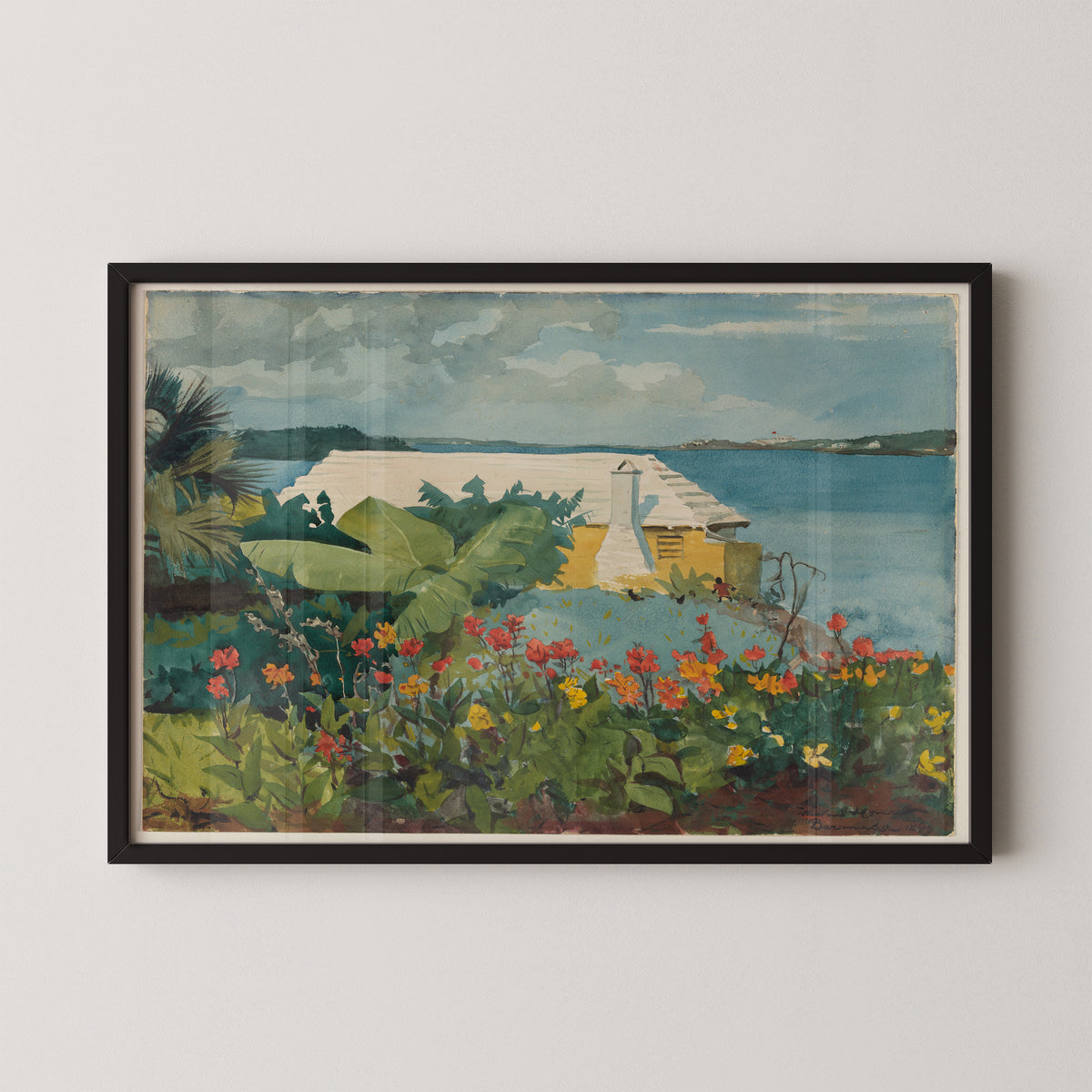 Flower Garden and Bungalow, Bermuda by Winslow Homer, coastal watercolor print in a black frame