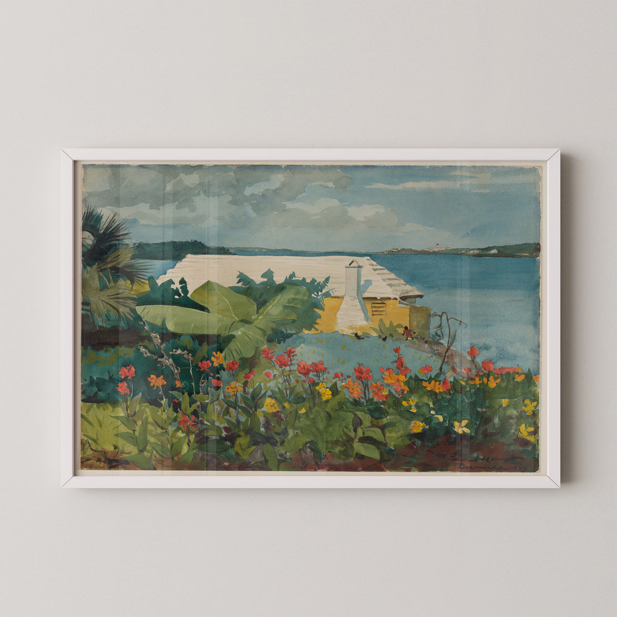 White-framed tropical landscape by Homer, showing a flower garden, stepped white roof and distant shoreline