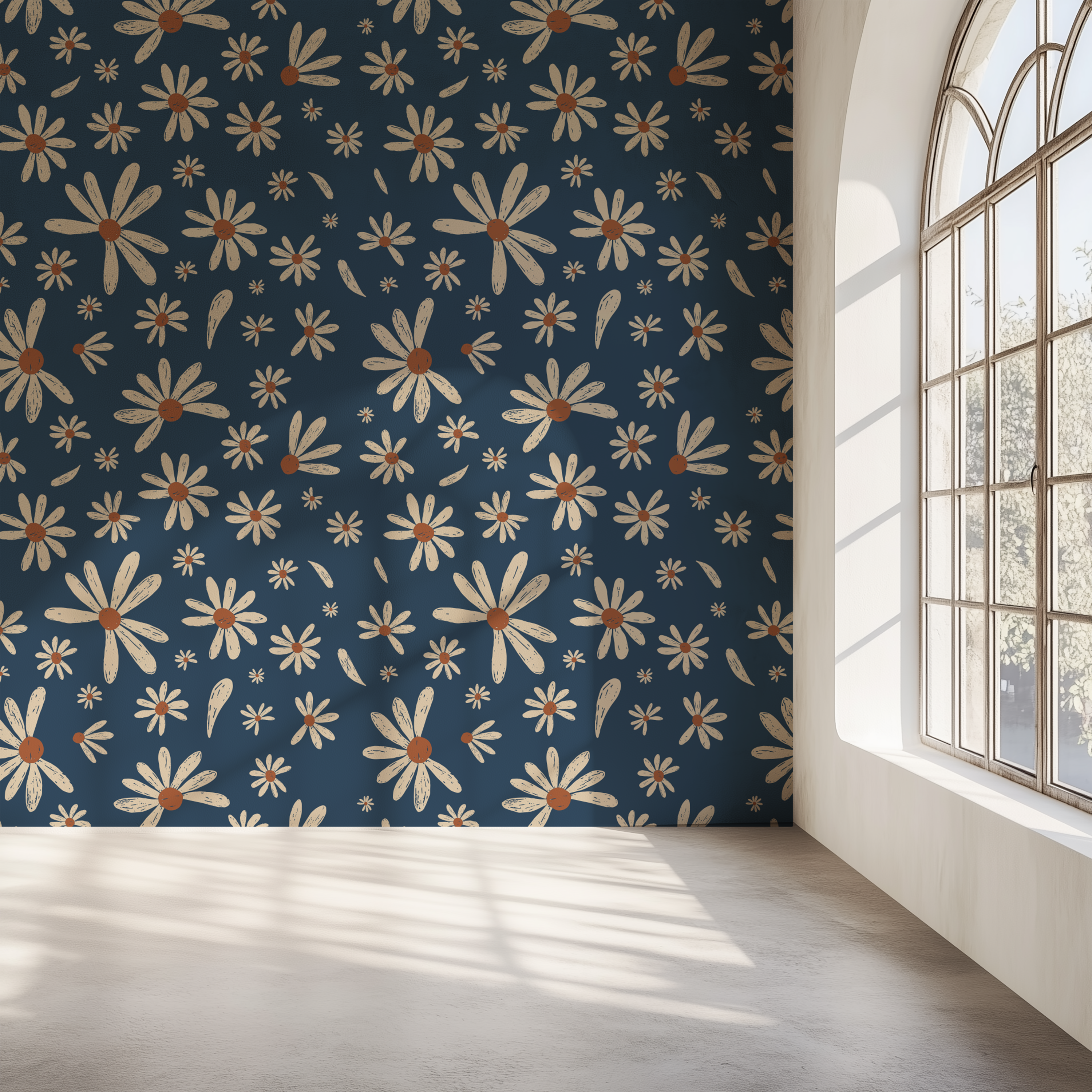 Flower Pop Midnight Daisy Wallpaper behind a modern bed with neutral bedding.
